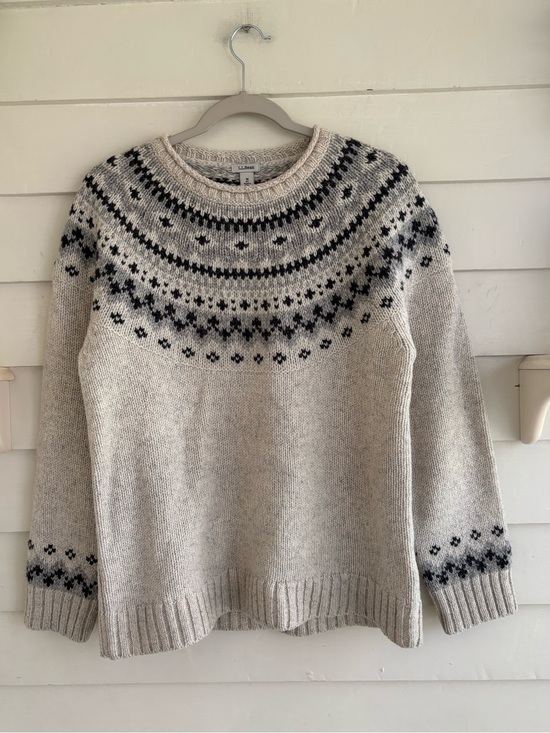 L.L. Bean Sweaters - L.L. Bean Fair Isle Heather Gray and Cream Nordic Yoke Wool Crewneck Sweater M